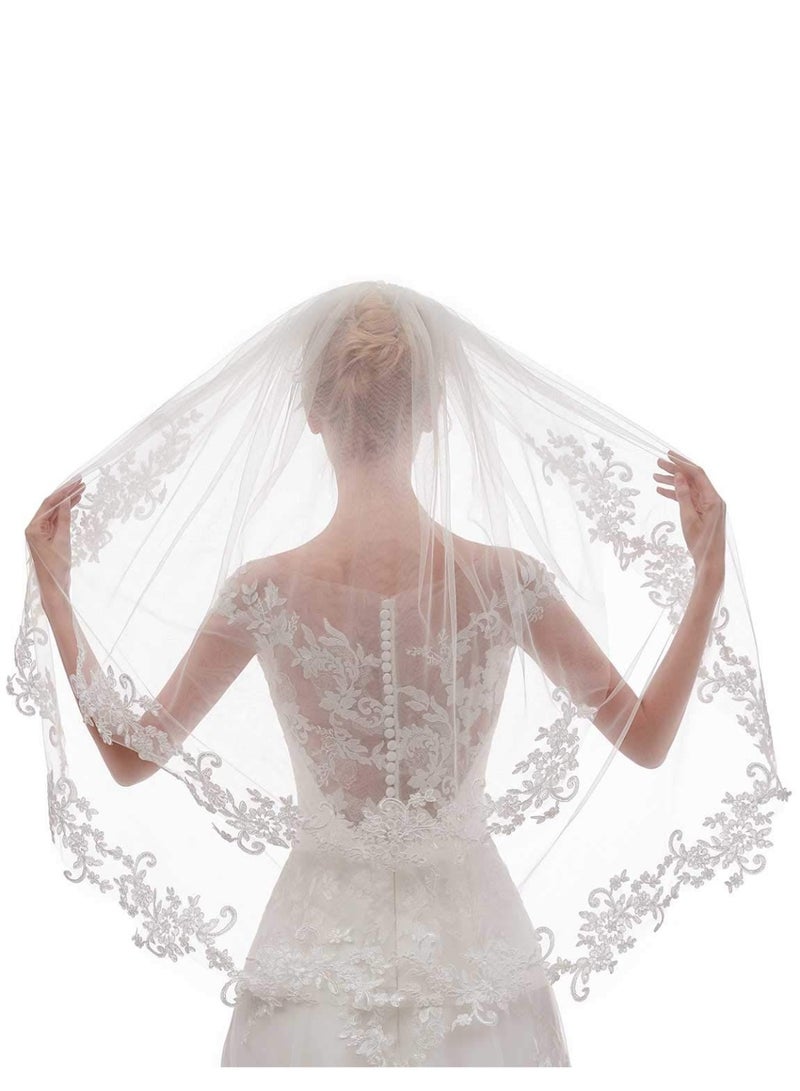 Webefun Women's Short Lace Wedding Bridal Veil With Comb 90cm White Ivory Embroidered Applique Veil for Bridal Party Favors Cosplay Accessories - Image 4